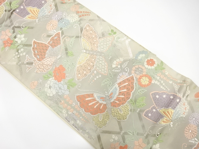 アンティーク　蝶に花模様織出し袋帯（材料）